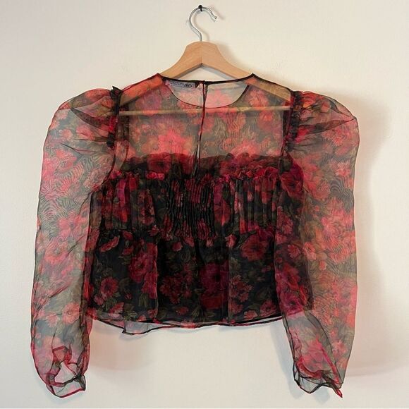 Zara Floral Sheer Organza Cropped Top Size Medium Whimsical Fairy Puff Sleeves - Picture 7 of 9